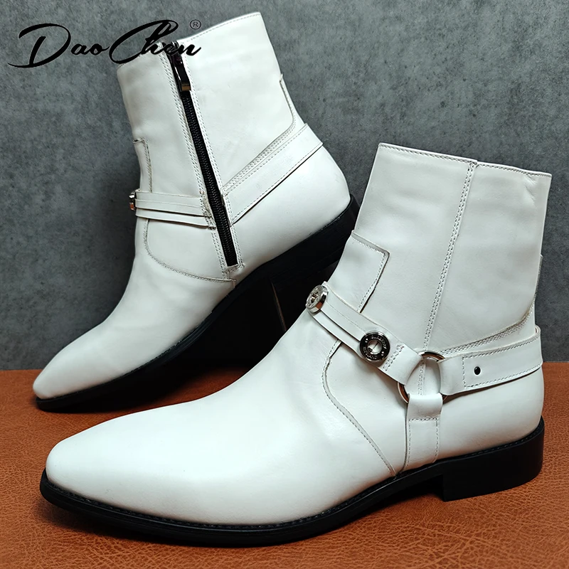 Luxury Men's Boots Zipper Mid-Calf Rock Boots Slip On Casual Dress Shoes Black Brown White Genuine Leather For Men