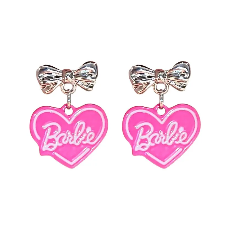 Kawaii Barbie Spring Print Letter Heart Hollow Acrylic Pink Glitter  Earrings Accessories Jewelry Fashion Versatile Girls Gift