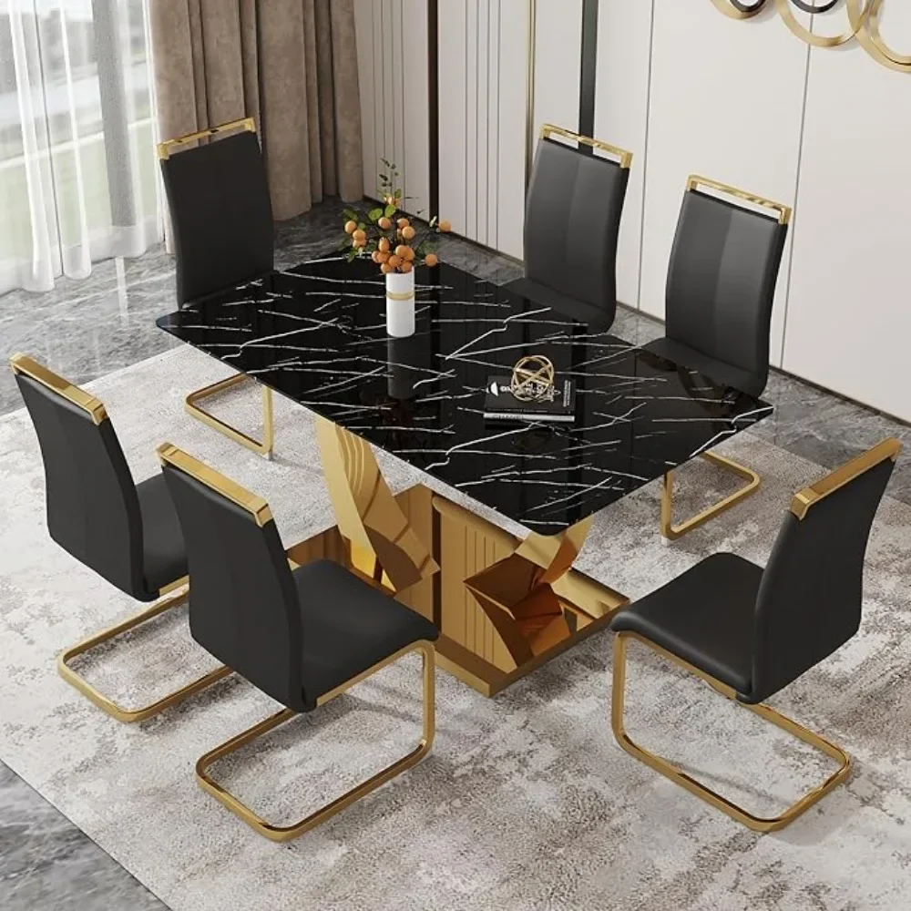63&rdquo; Dining Table Set Rectangle Kitchen PU Leather Chairs for 6 Furniture