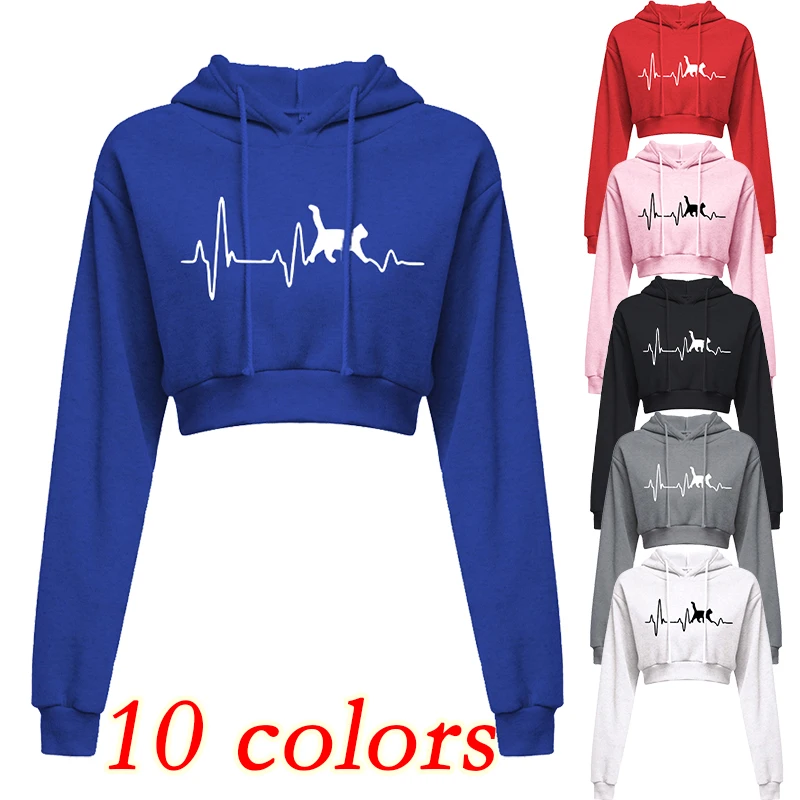 Women's Open Umbilical Top Printed Hoodie Sports Long Sleeve Hooded Short Sweatshirt Sexy Printed Open Umbilical Sweater