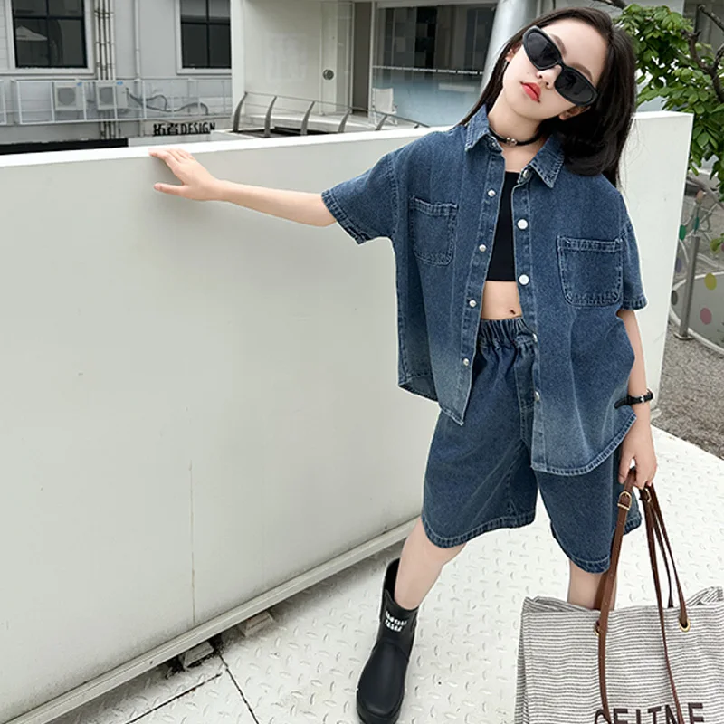 십대 소녀 반바지 세트, 그라데이션 컬러, 반팔 데님 셔츠, 짧은 2 개, 주니어 소녀 세트, 어린이 의상, 10, 12, 14, 여름