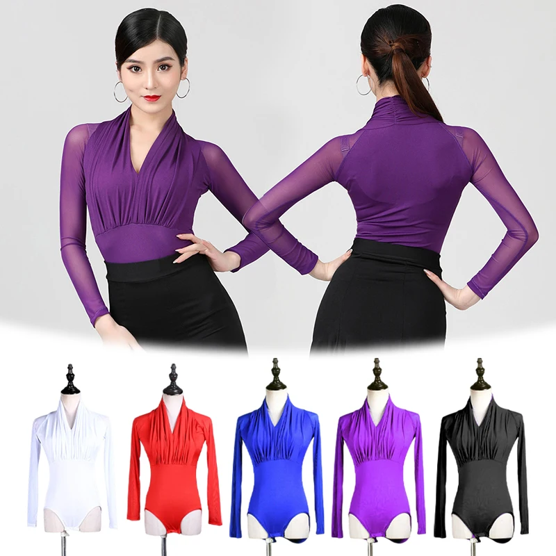 

Women's Latin Dance Dress Performance Sexy One-piece Gauze Top Mesh Sleeve Female Stage Competition Ballroom Practice Costumes