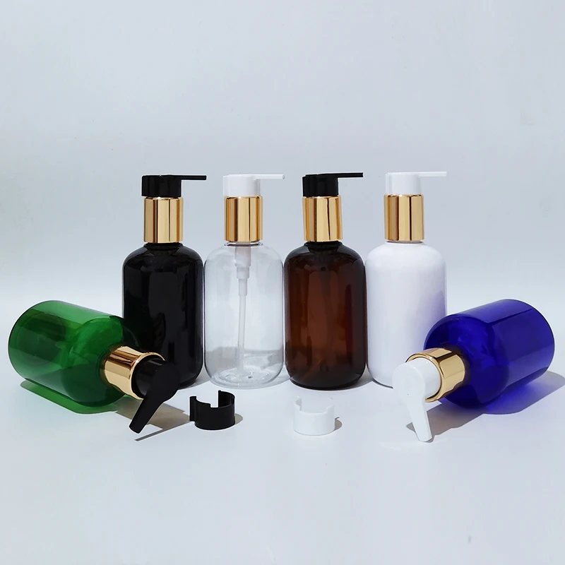 

20pc 200ml Empty White Black PET Bottles With Gold Aluminum Lotion Pump Container For Liquid Soap Shower Gel Cosmetic packaging