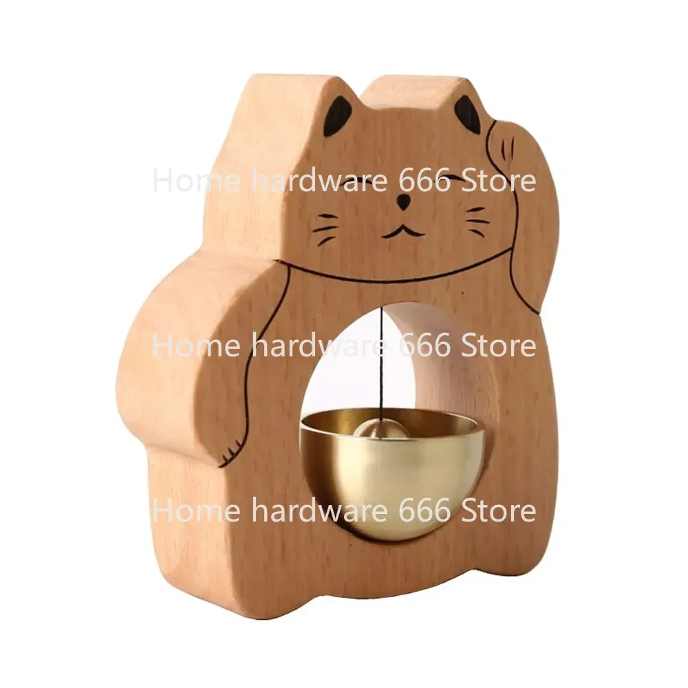 Handmade Maneki-Neko Wind Chime, Vintage Bronze Bell, Solid Wood Door Bell
