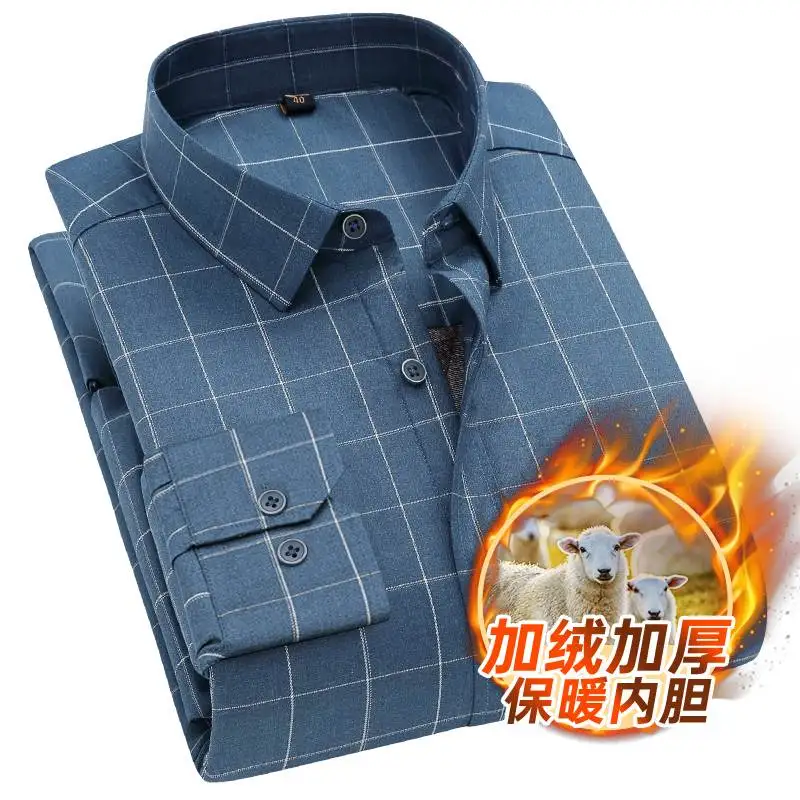 

Square neck warm plaid shirt men's long sleeve plush thickened business casual woolen men's shirt trend in autumn and winter