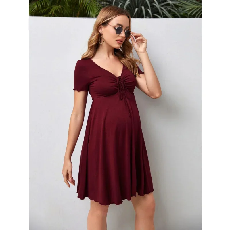 Maternity Dresses Summer Pure Colour V-neck 4