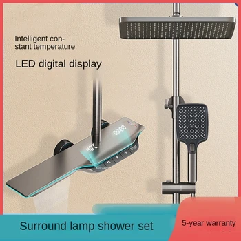 หรูหราสีเทาสีขาวชุดฝักบัวอาบน้ําห้องน้ําสมาร์ทดิจิตอลจอแสดงผล Thermostatic ระบบชุด LED อ่างอาบน้ําฝักบัวก๊อกน้ํา 2