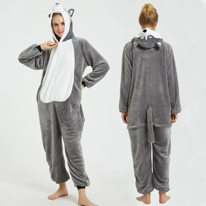 Cute Cartoon Panda Pajamas Winter Kigurumi Onesies Hooded Adults Women Animal Unicorn Nightie Fleece Sleepwear Overalls Jumpsuit