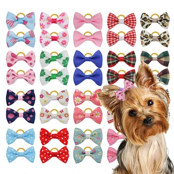 10/20/30 pcs 고양이 개 머리 리본 고무 밴드와 머리 활 믹스 색상 장식 작은 개 액세서리 애완 동물 모자