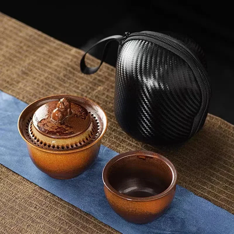 Chinese Vintage Kungfu Tea Set 1 Teapot 1 Teacups Outdoor Travel Ceramic Pottery Tea Cups For Teaware Of Ceremony