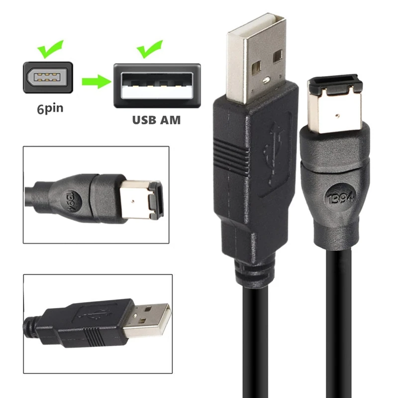 컴퓨터 디지털 카메라 D용 USB 수-1394 6 핀 수 데이터 변속기 신호, USB-IEEE Firewire 1394 6 핀 케이블, 1.8M 6FT