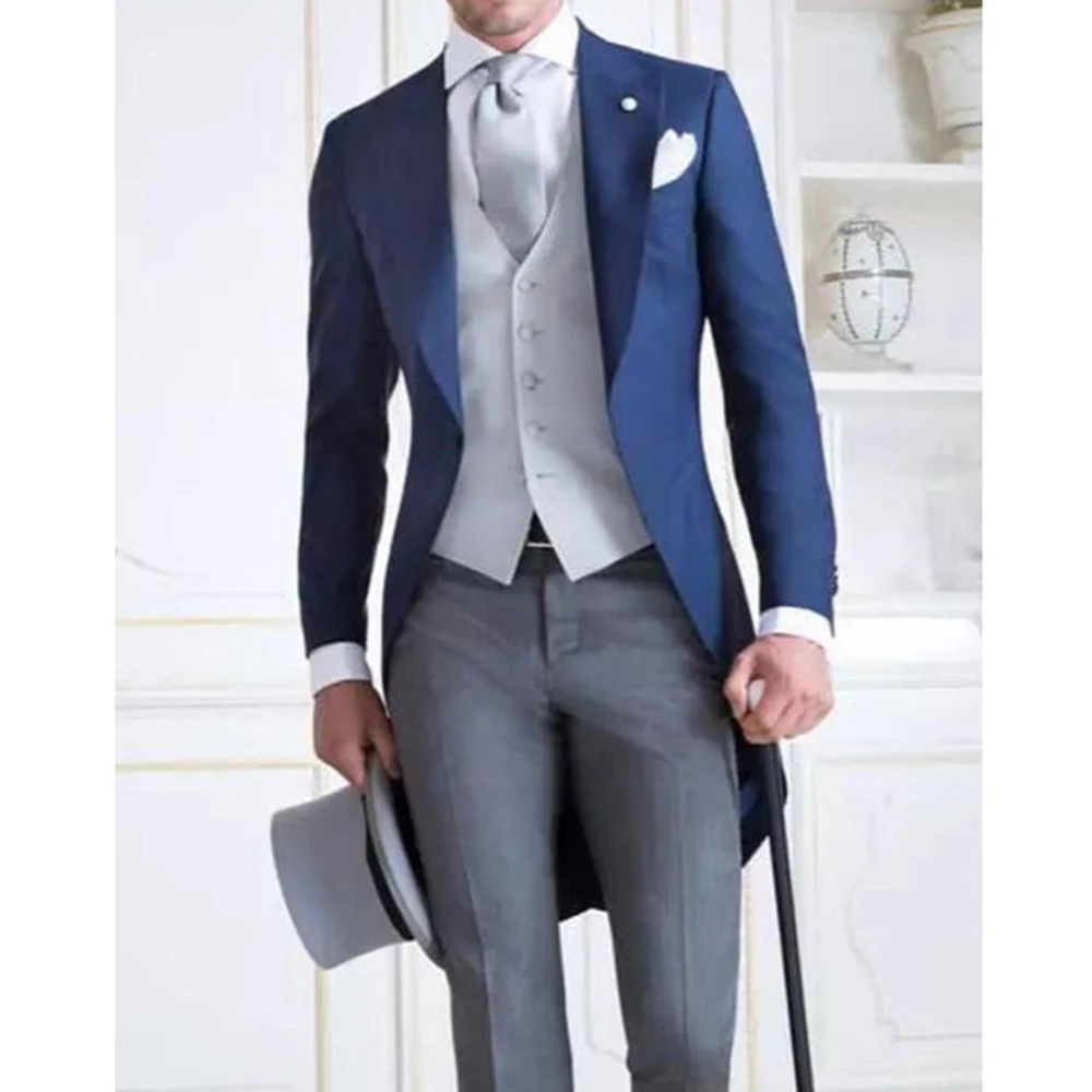 Luxury Men's Suits Single Breasted 3 Pieces Blue Jacket White Vest Gray Pants Male Clothing Business Banquet Blazers Sets