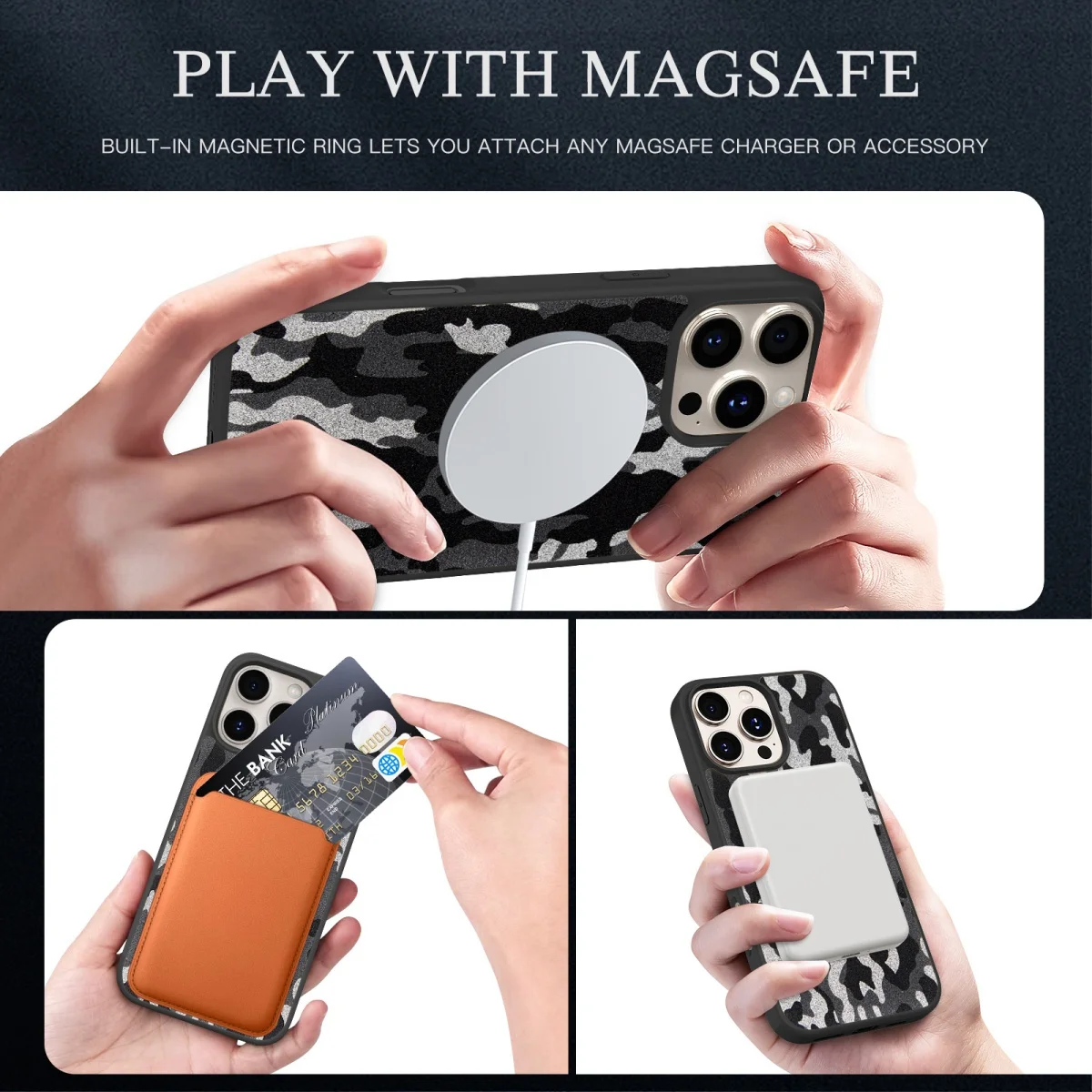 Camouflage Sheepskin Leather Magnetic Phone Case with MagSafe Compatibility