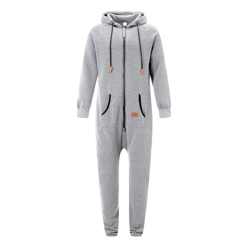 Men's Winter Hooded Jumpsuits Pockets Warm Long Sleeve Full Zipper Up Overalls Sweatsuits Drawstring