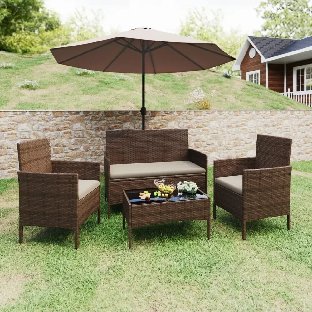 Outdoor Sofa Set of 4 with Soft Cushion and Glass Table Patio Furniture 4 Pieces Conversation Set Outdoor Wicker Rattan Chairs