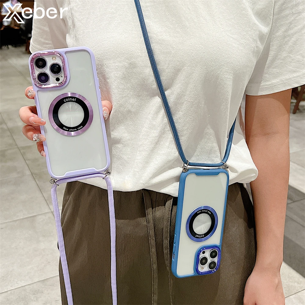 For Magsafe Crossbody Strap Cord Phone Cases For iPhone 14 Pro Max Plus 11 12 13 Silicone Lanyard Rope Shockproof Bumper Cover_voghion.com