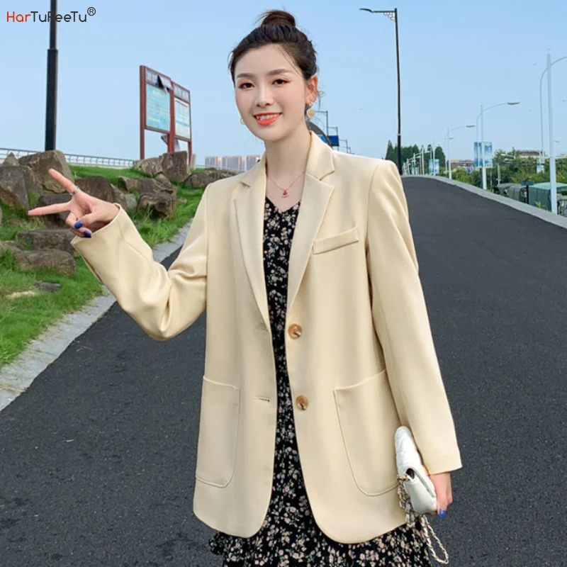 Chic Office Lady Draped Blazer Jacket Women Long Sleeve Tailored Coat Korean Style Girls Loose Casual Business Work Stylish Top