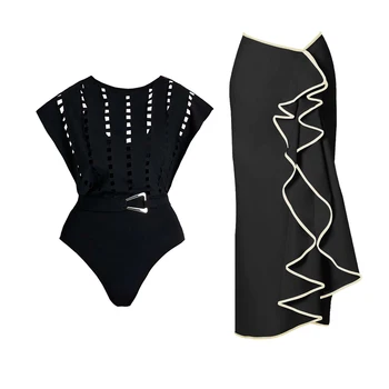 New 2Pcs Black Hollow Swimsuit Women Sexy Swimwear With Midi Skirt Push Up Bikini Female Biquini Bathingsuit Bodysuit Beachwear