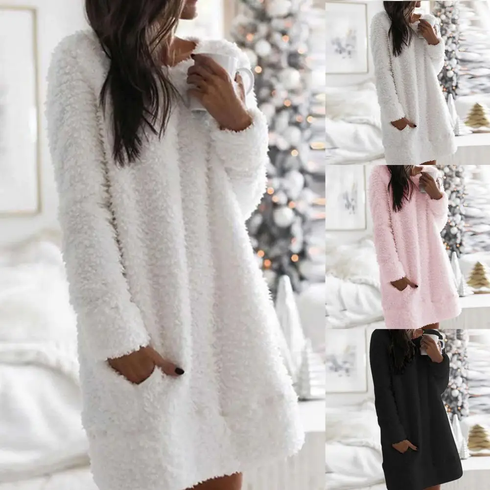 Mini Dress Round Neck Long Sleeve Above Knee Length Women Winter Festival Plush Dress for Daily Dress