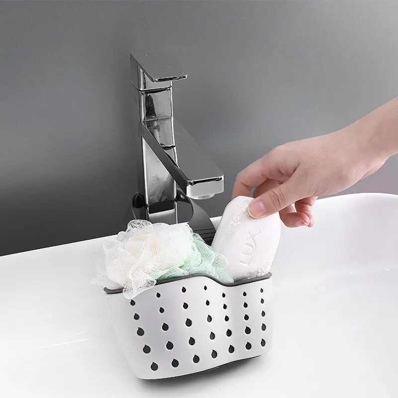 Kitchen Supplies 1pc Double Sink Draining Hanging Bag Adjustable Press Faucet Shelf Sponge Double Basket Storage