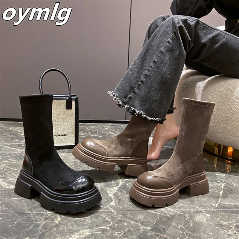 Fashion Elastic Women's Boots 2023 Winter New Vintage Versatile Slim Thick Heel Short Heel High Heel Slim Boots