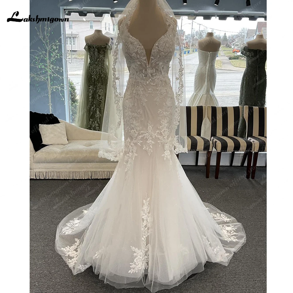 

Lakshmigown Elegant Spaghetti Straps V-neck Lace Applique Backless Mermaid Wedding Dresses Sweep Train Custom Made 2024 Vestido