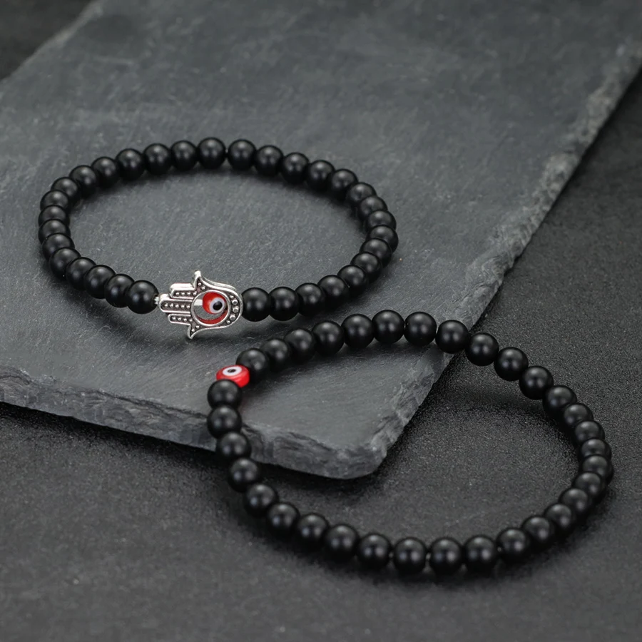 Men Beaded Bracelet Set with Evil Eyes and Fatima Hand