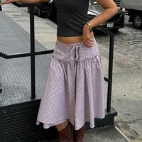 Gaono Women Low Rise Plaid Midi Skirt Lace Up Ruffle Hem A Line Skirt Vintage Tie Up Gingham Tiered Skirt Going Out Streetwear - Image 3