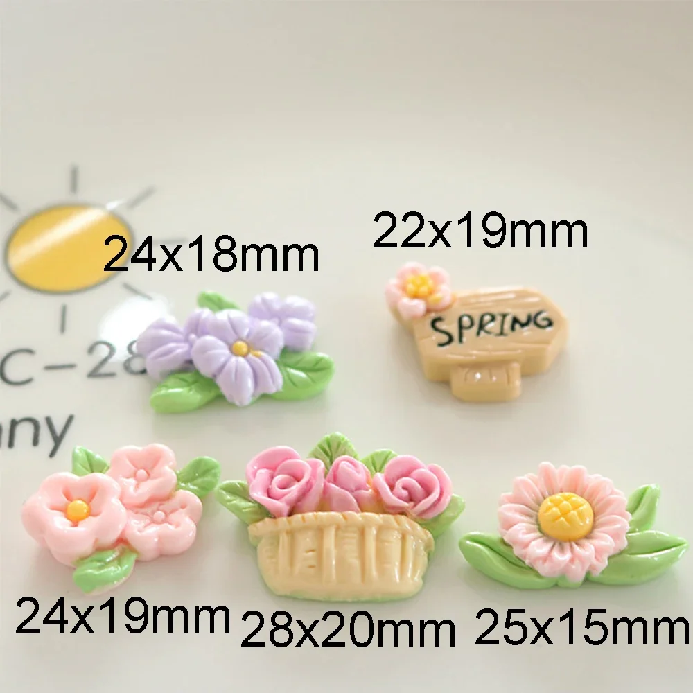 반짝이는 꽃 바구니 도로 표지판 송진 플랫 백 카보숑, 스크랩북 DIY 보석 공예 장식 액세서리, 10 개