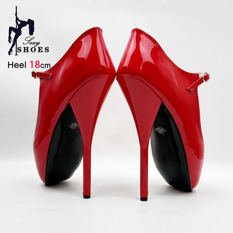 18CM/7Inch High heel Women Fetish Buckle Strap Ballet Shoes Red Pointy Toe Unisex SM Stiletto Heels Fashion Queen Pumps Size 46