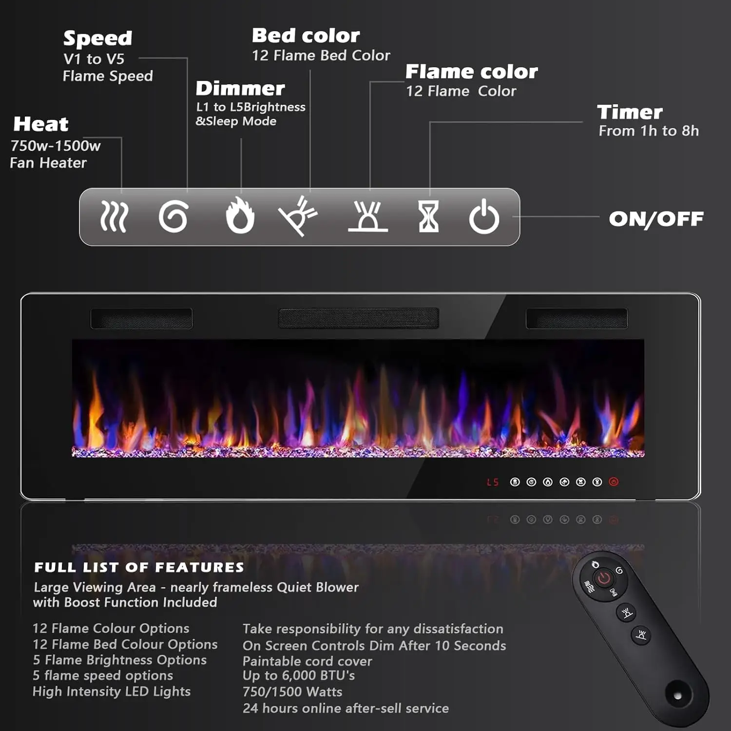 72 inch Ultra-Thin Silence Linear Electric Fireplace, Recessed Wall Mounted Fireplace,12 Adjustable Flame Color & Speed,8h Timer 4