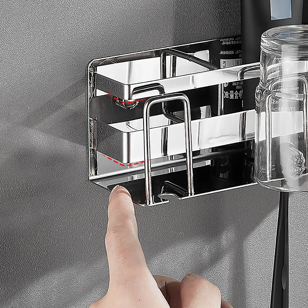 Bathroom Organizer Toothbrush Holder Cup Storage Holder Toothbrush Cup Stainless Steel Wall Mounted Toothpaste Rack Toiletries Storage Rack
