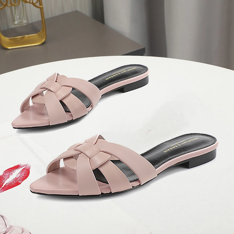 2024 Tendency Women's Slippers Luxury Brand Quality Casual Flat Heel Slippers Slides Roman Ladies Elegant Office Slippers Black