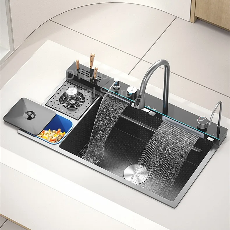 Multifunctional Kitchen Sink Steel Large Single Slot with Trash Can Waterfall Kitchen Sink Faucet Dishwashing Basin