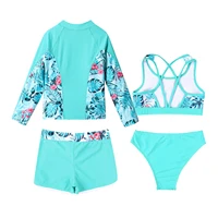 Kids Girls 4PCS Printed Swimsuit Long Sleeve Outerwear with Sleeveless Crop Top Briefs Shorts Bathing Suit Rash Guard Swimwear 2