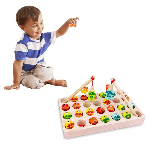 Brinquedo magnético de pesca em madeira para crianças - alfabeto ABC Peixes  que capturam contagem instrução de
