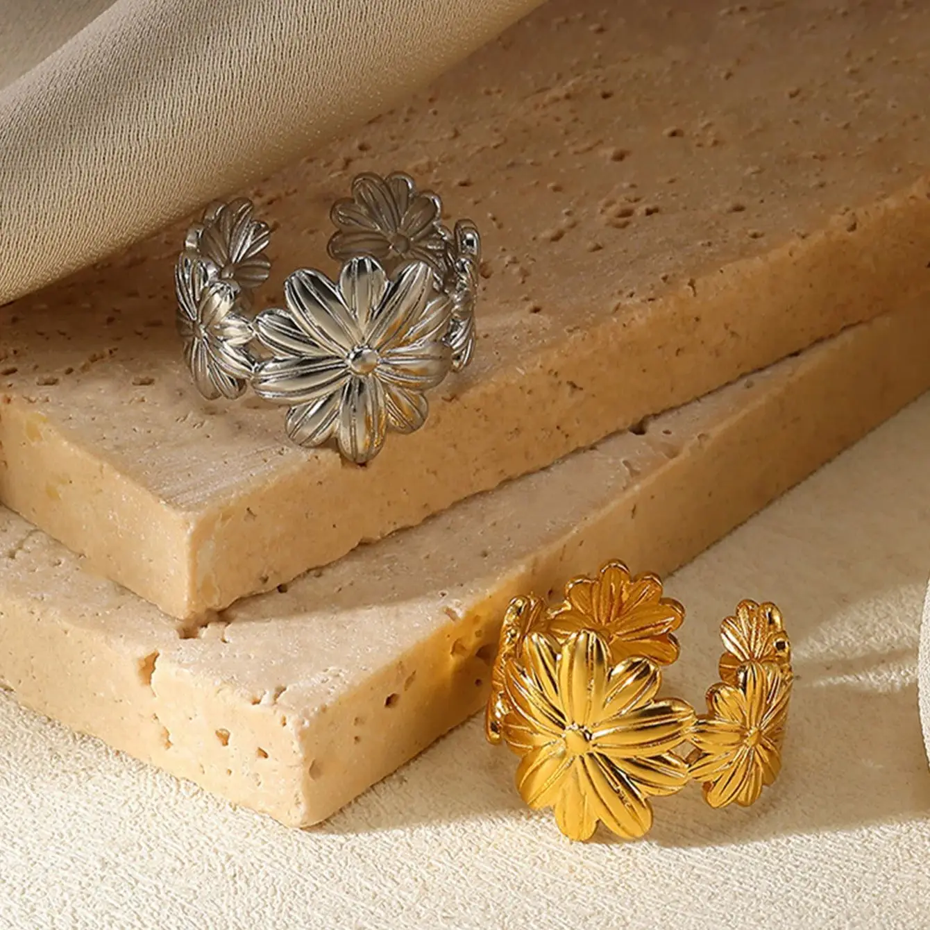 Geometric Stainless Steel Flower Opening Ring Gold Color Jewelry Gift For Women
