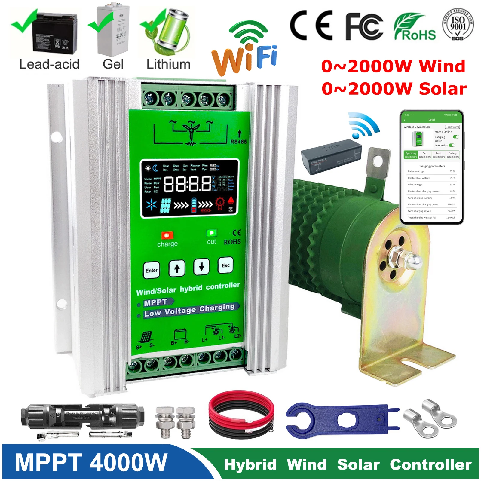 2000W-4000W Hybrid Solar Wind Charge Controller Power System Mppt Wind Solar Regulator 12V 24V 48V Batteria Al Litio Al Piombo-Acido Gel
