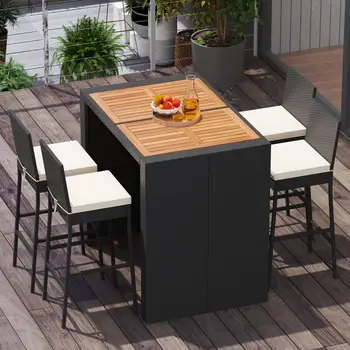 5-Piece Outdoor Wicker Bar Set – Acacia Wood Table & 4 Cushioned Stools 1