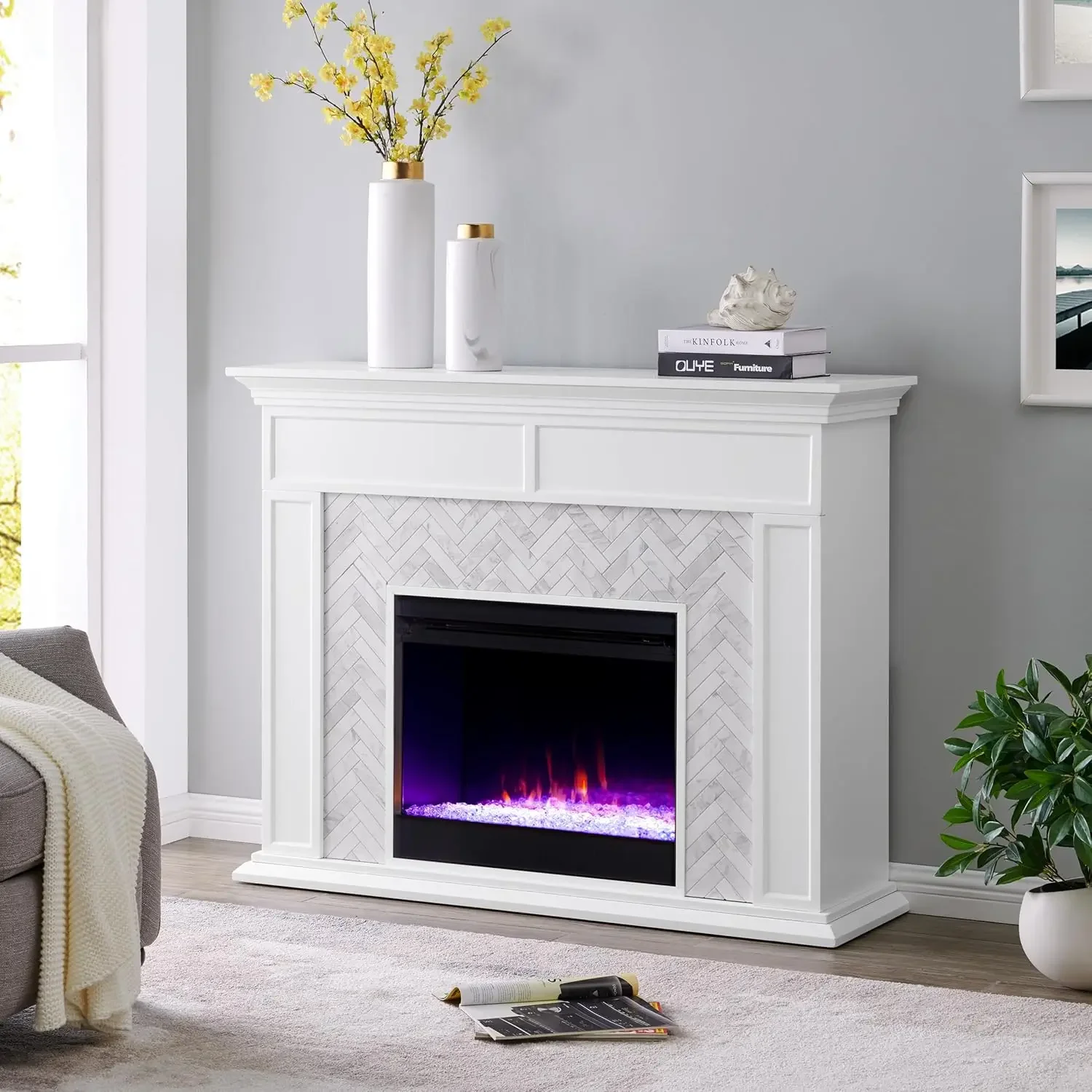 Torlington Indoor Electric Fireplace with Mantel, Color Changing LED Flame, White/Gray Marble 5