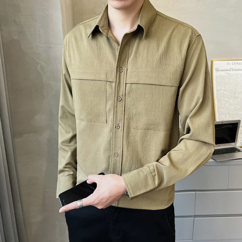

YASUGUOJI Fashion 2022 Autumn Mens Linen Breathable Shirt Streetwear Casual High Quality Pockets Long Sleeve Shirts Men Clothing