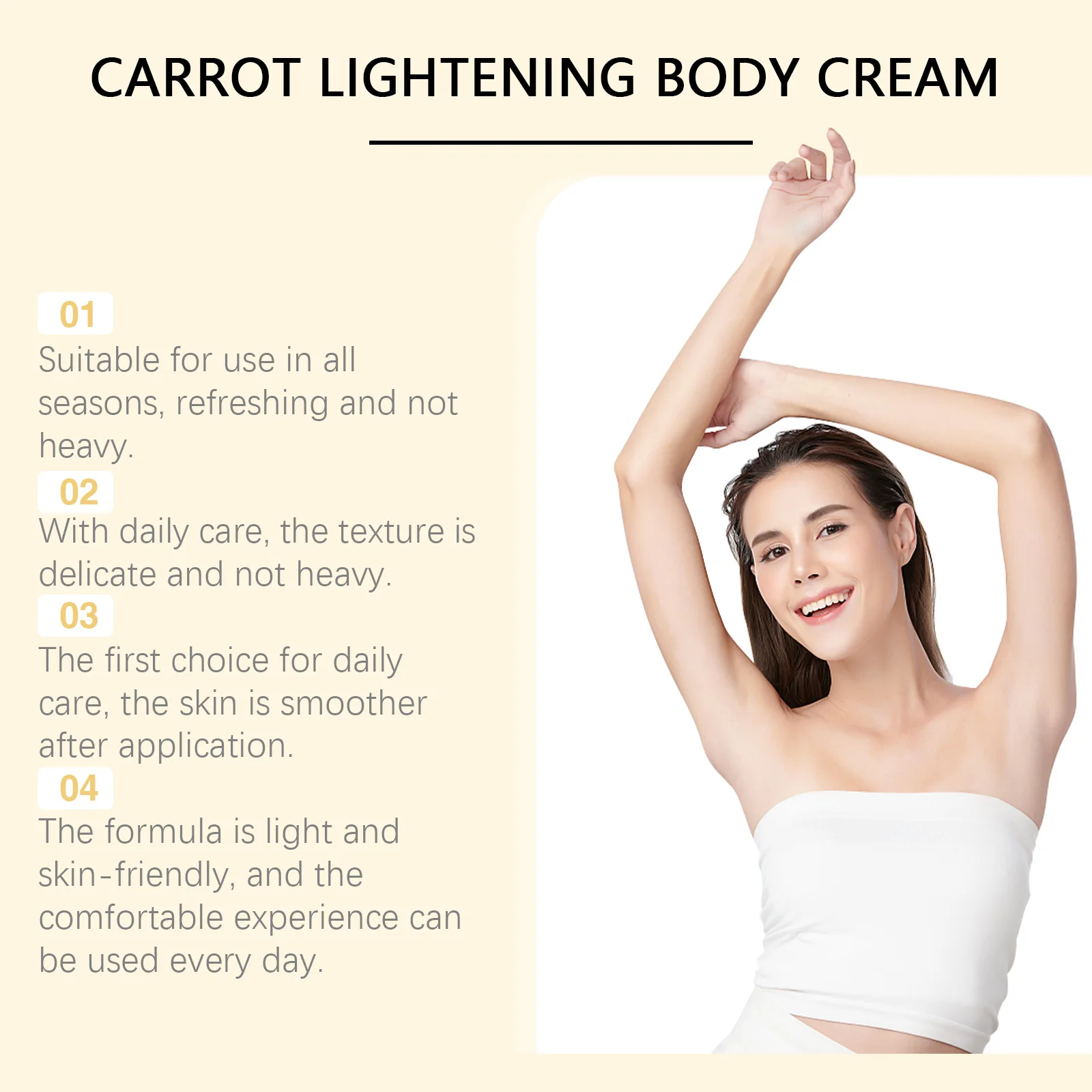 Crema per il corpo alla carota Dissolvenza Macchie scure Schiarente alla melanina Schiarente per la pelle Anti Acne Levigante Antiossidante Lozione per il corpo idratante 5