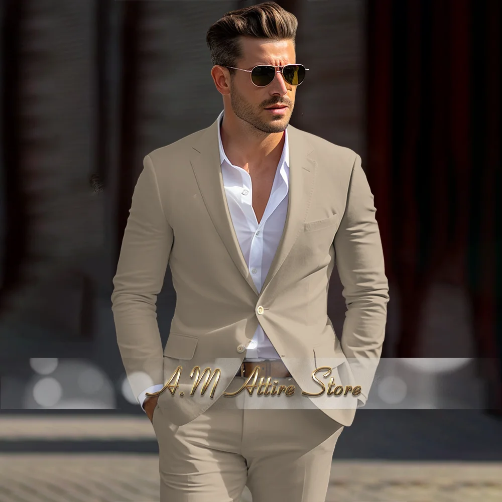 Men's linen suit 2-piece peak lapel jacket pants for summer beach