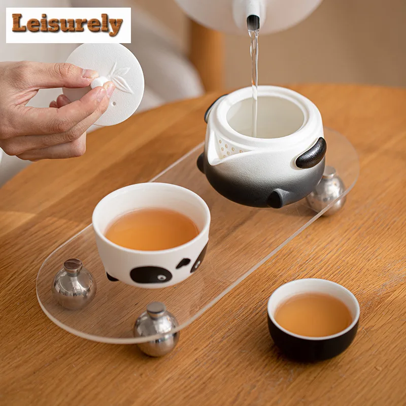 Cute Cartoon Panda Fubao Travel Tea Set Kit Luxury 1 Pot 2 Cups Household Tea Maker Organizer Portable Outdoor Tote Bag Gift