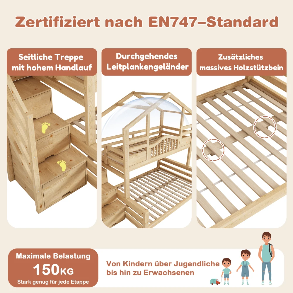 90x200/140x200cm Etagenbett Kinderhausbett Naturholz mit Treppenlagerregalen, für Kinder, Jugendliche, ohne Matratze – Detail 5