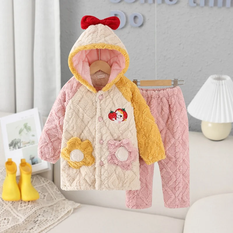 

Autumn and Winter Children's Cartoon Hooded Quilted Flannel Thermal Pajamas Suit Home Wear Coral Fleece Thicken and Lengthen