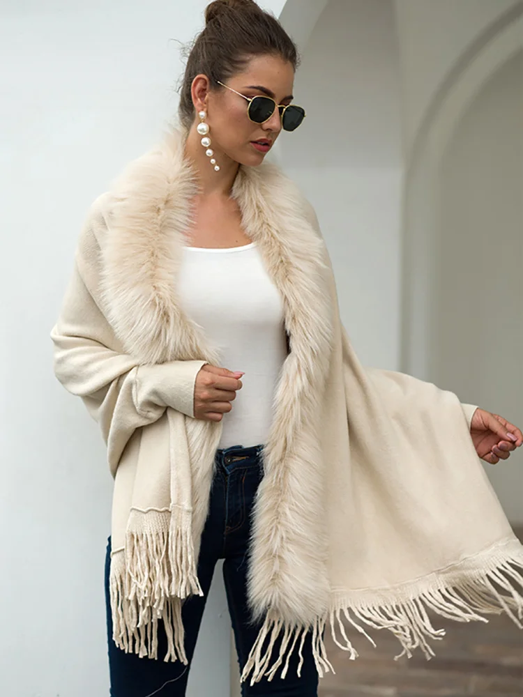 

Fur Collar Winter Shawls And Wraps Bohemian Fringe Oversized Womens Winter Ponchos And Capes Batwing Sleeve