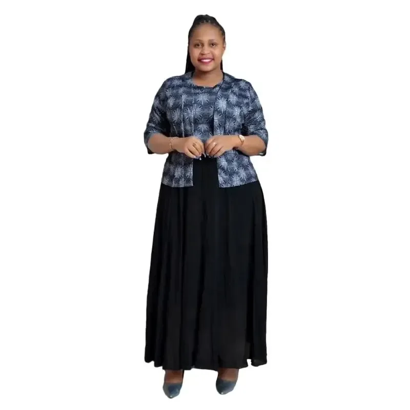 

2XL-6XL Plus Size African Dresses for Women 2024 African 3/4 Sleeve Print Polyester Party Evening Bodycon Dress with Coat Outfit