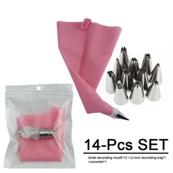 Deluxe Cake Decorating Kit with Silicone Pastry Bags and Stainless Steel Nozzles (14 Pcs Pink)