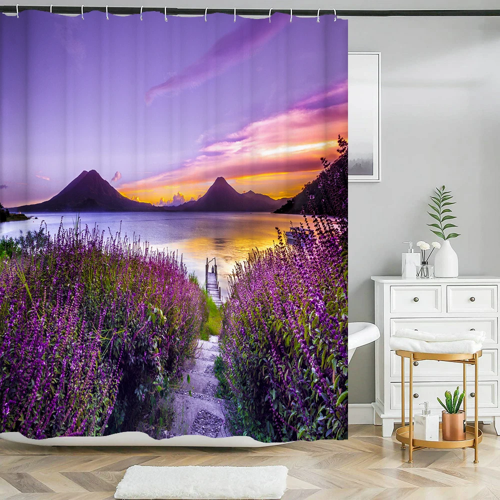 

lavender scenery Print shower curtain natural Scenery bath curtain waterproof fabric bathroom curtain with Hook for home decor